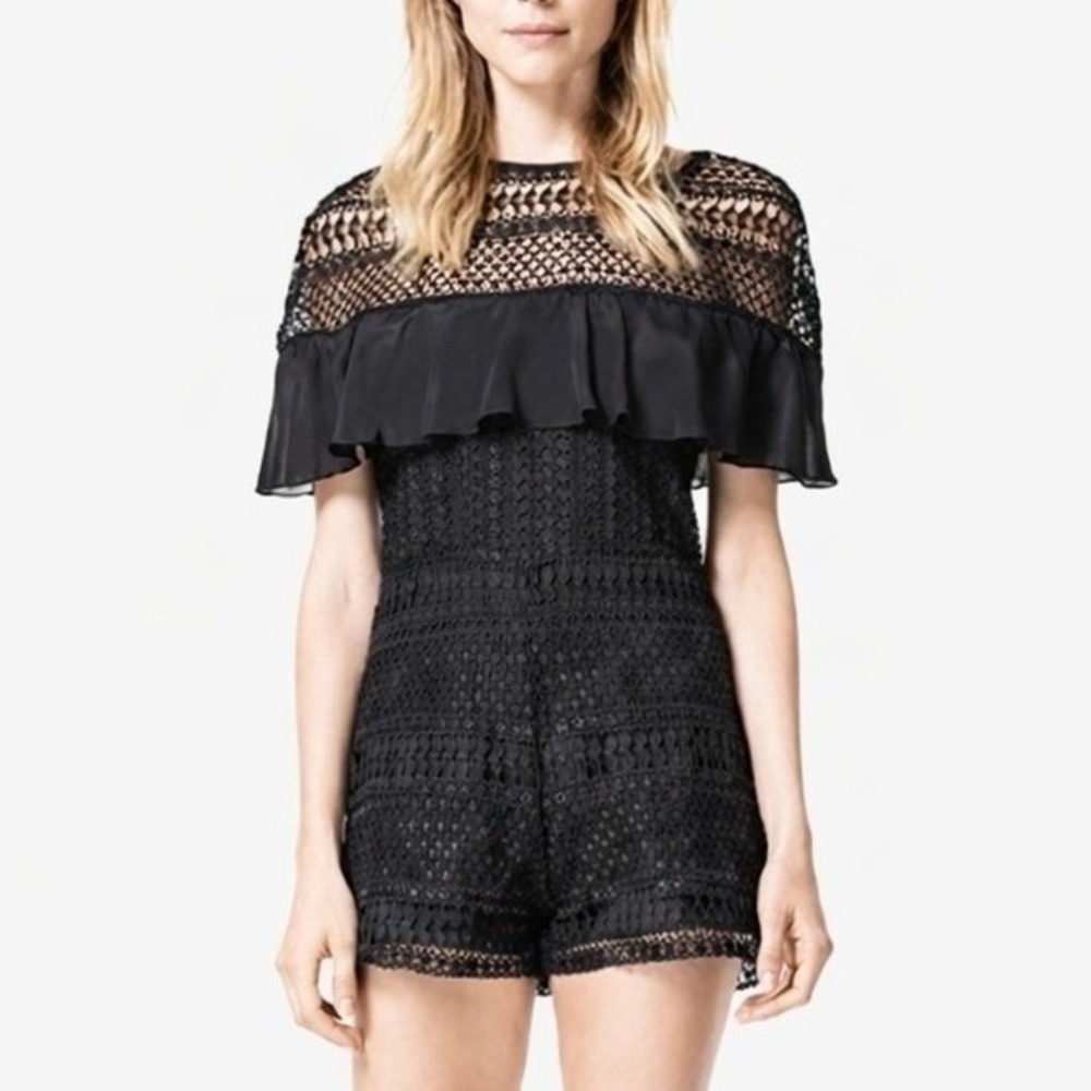 Karina Grimaldi Lace Crochet Romper Size Small Black Romantic Evening Chic